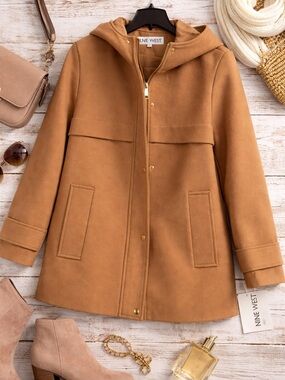Nine West Tan Wool-Blend Hooded Coat